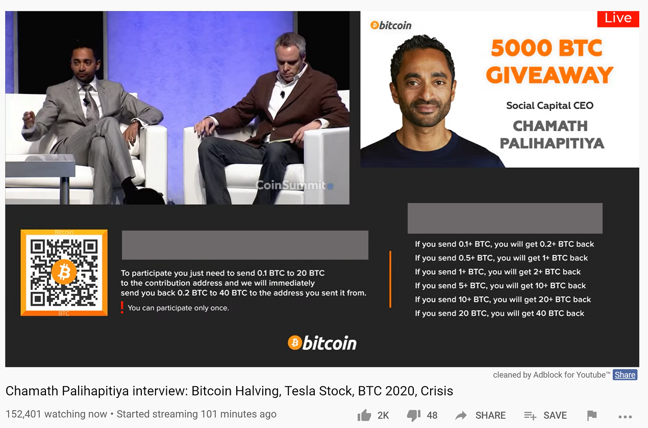 5000 BTC Giveaway Scam: Chamath Palihapitiya, Elon Musk Not Giving Away Bitcoin