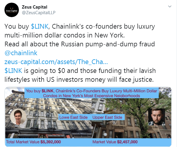 Accused of Spreading a FUD Zeus Capital Doubles Down on Chainlink Pump and Dump Claims