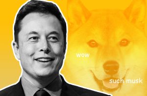 Black and white picture of Elon Musk with a Dogecoin Shiba Inu dog behind him